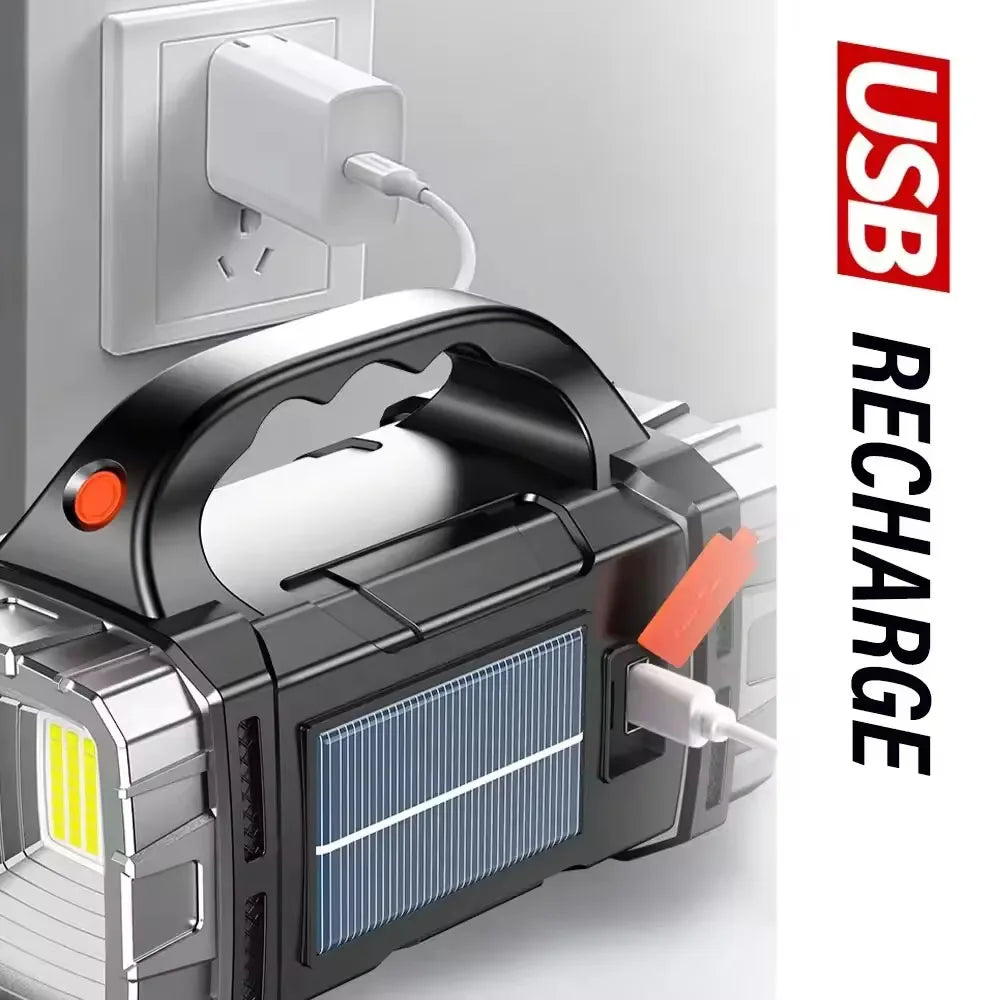 Powerful LED Flashlight – USB + Solar Rechargeable Camping Torch & Power Bank