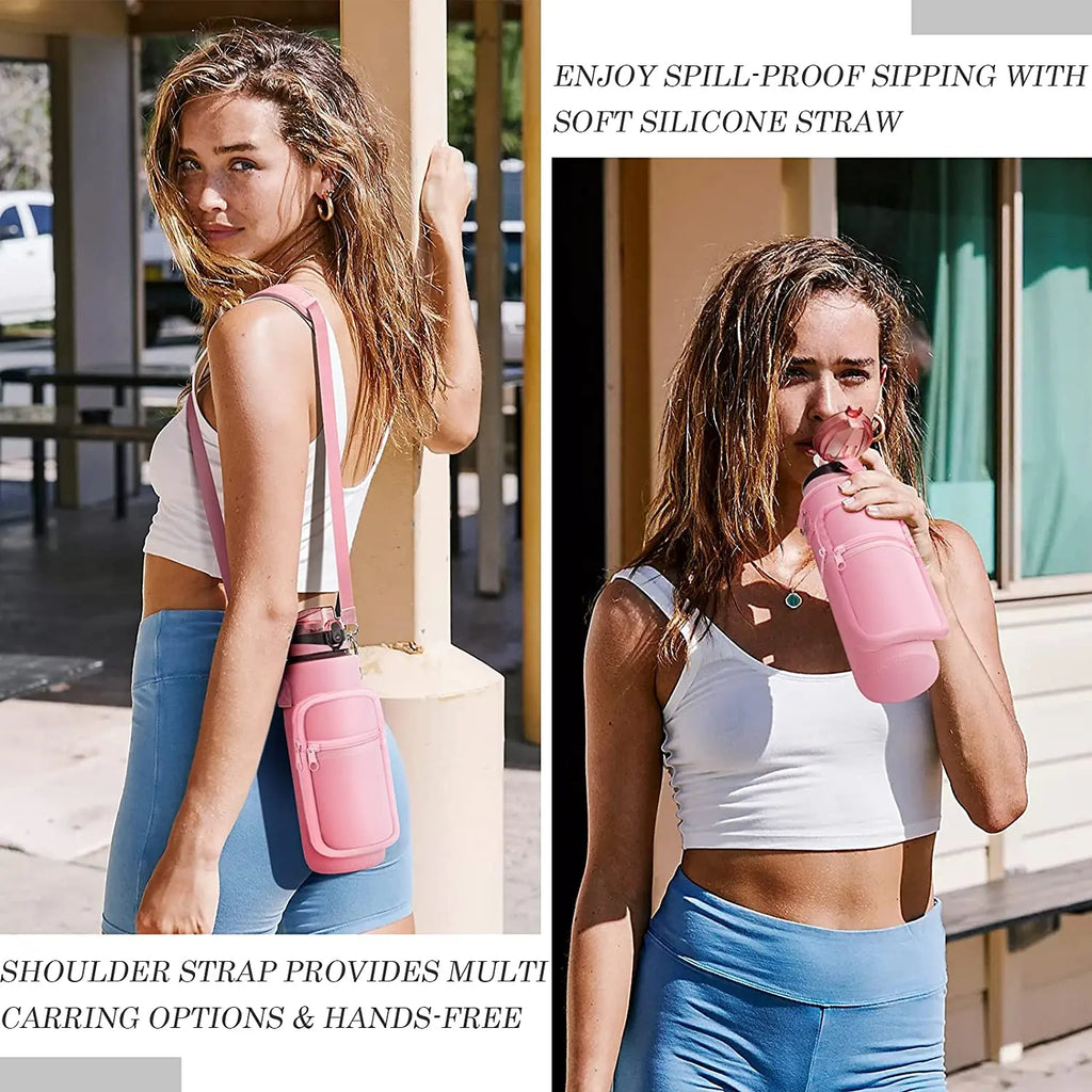 32 oz Motivational Water Bottle with Sleeve – Leakproof BPA-Free Bottle with Straw, Time Marker & Adjustable Strap Carrier (1L)