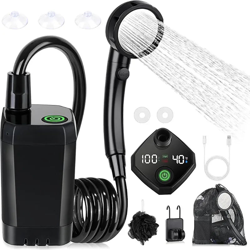 Portable Camping Shower with LED Display – 6000mAh Rechargeable Battery, Adjustable Shower Modes & Electric Pump