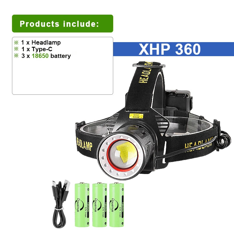 Ultra-Bright XHP360 LED Rechargeable Headlamp – 55,000,000 Lumens | 5000M Long-Range Beam | USB-C Powered