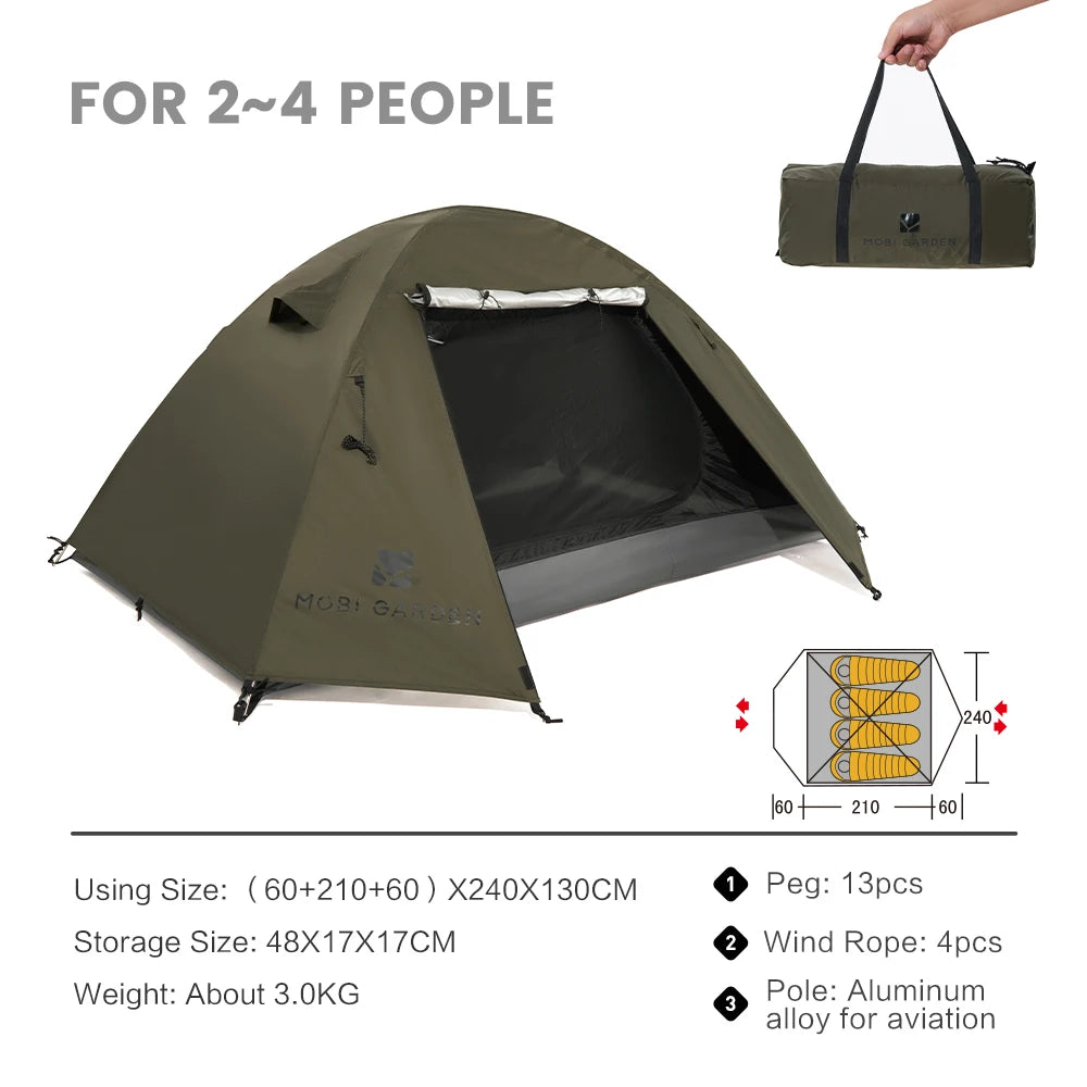 Mobi Garden 3–4 Person Waterproof Camping Tent – Double-Layer, UV & Rain Protection, Lightweight Trekking Shelter