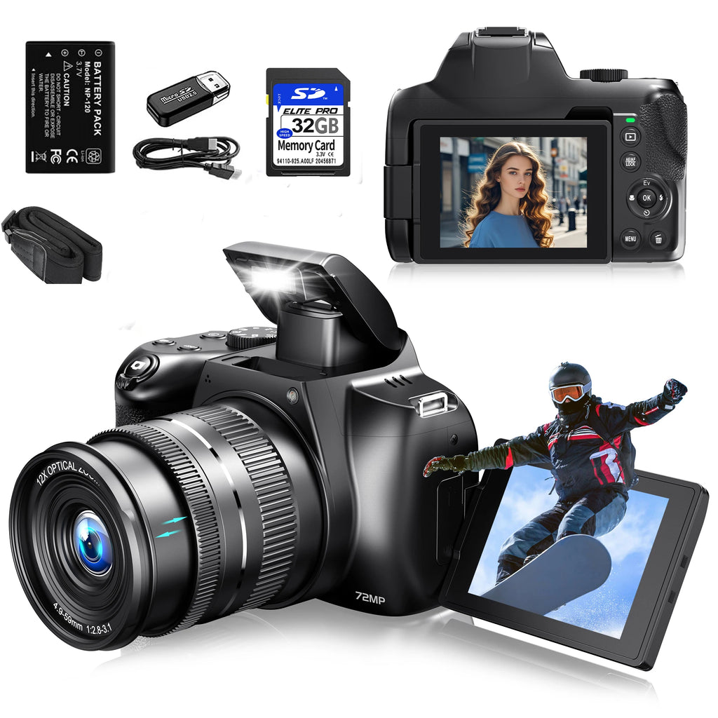 4K HD Digital Camera with Auto Focus & 12X Optical Zoom – 72MP Vlogging Camera for YouTube & Photography