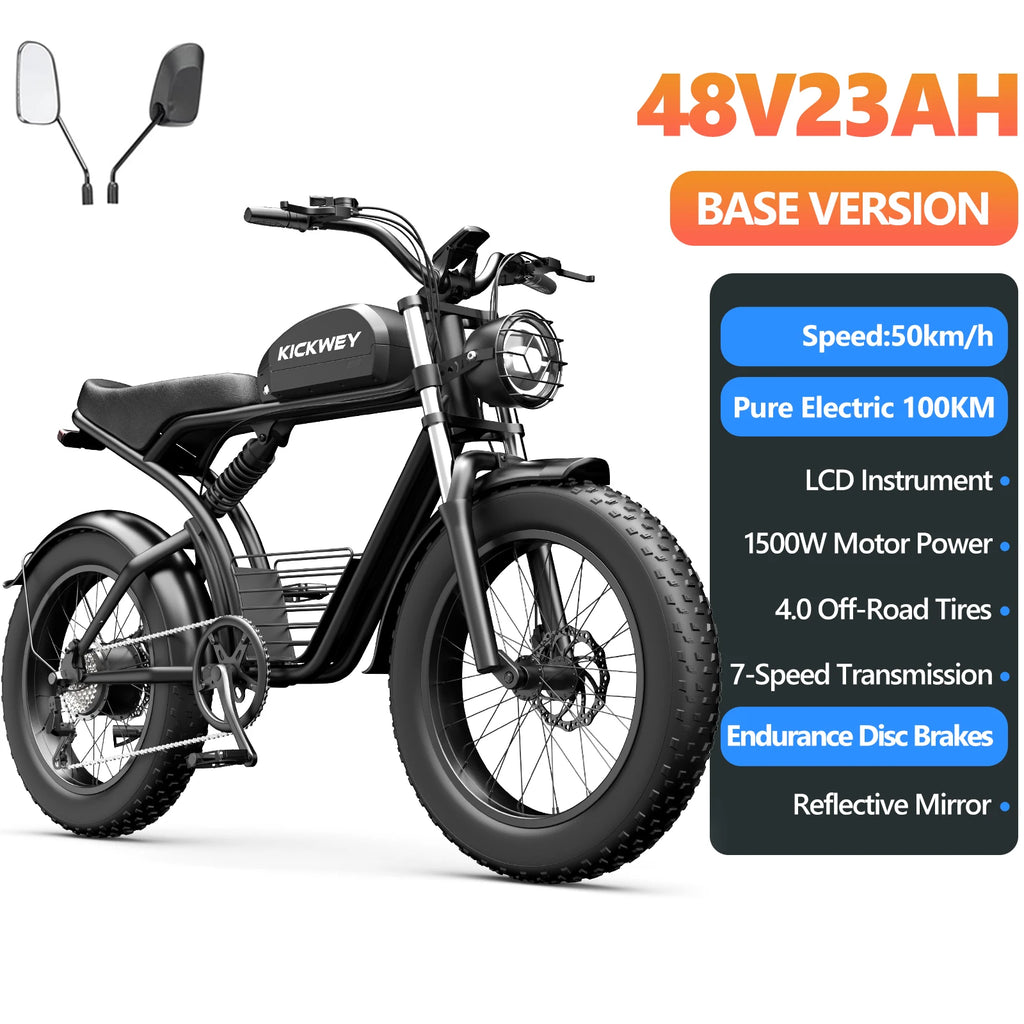 Kickwey K7 1500W Fat Tire Electric Bike – 48V 23Ah Lithium, 46km/h Mountain E-Bike for Adults