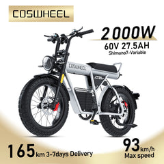 Coswheel CT20S 2000W Electric Dirt Bike – 60V 27.5Ah Fat Tire Ebike for Adults (20" Off-Road Tires, 161km Range)