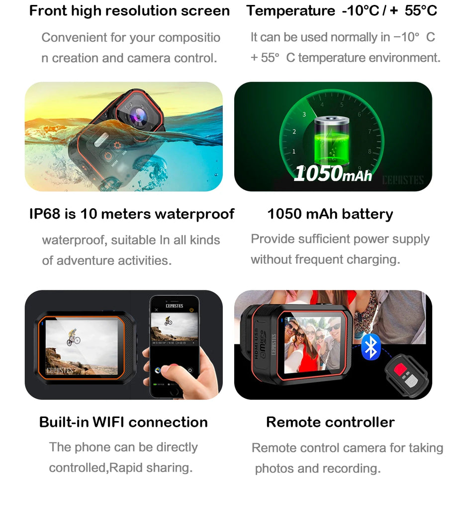 4K60FPS Waterproof Action Camera with Remote Control – Wide-Angle Sport Cam for Outdoor Adventures, Diving & Cycling