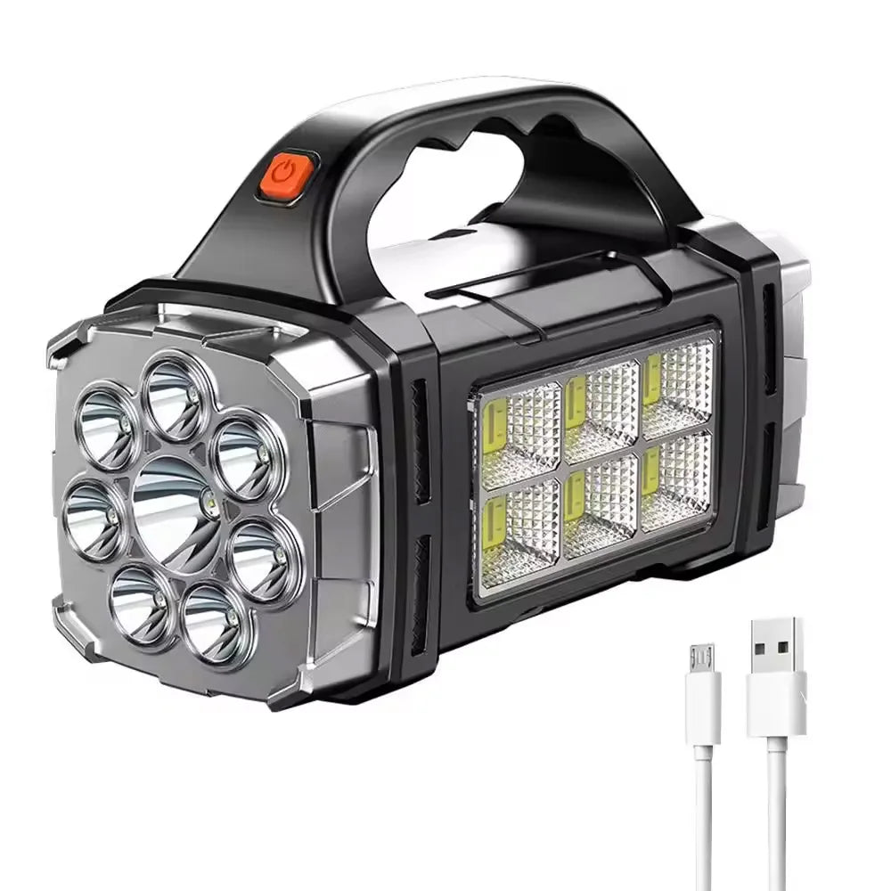 Powerful LED Flashlight – USB + Solar Rechargeable Camping Torch & Power Bank