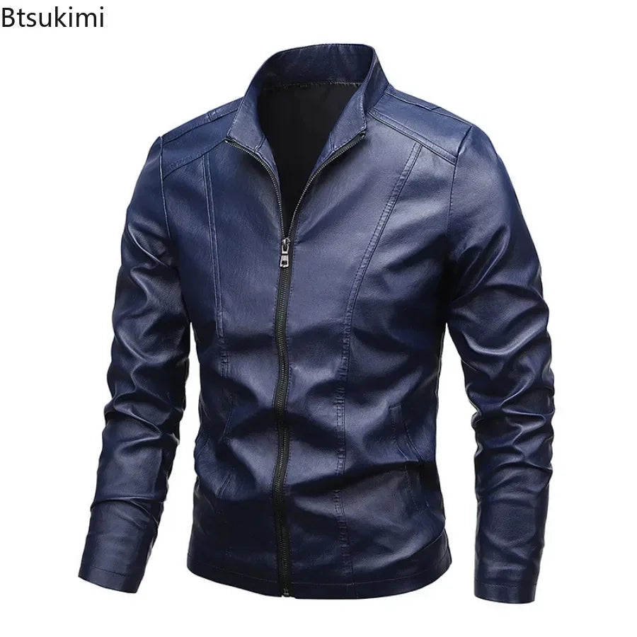 Men's PU Leather Stand Collar Motorcycle Jacket – Casual Windbreaker Biker Coat
