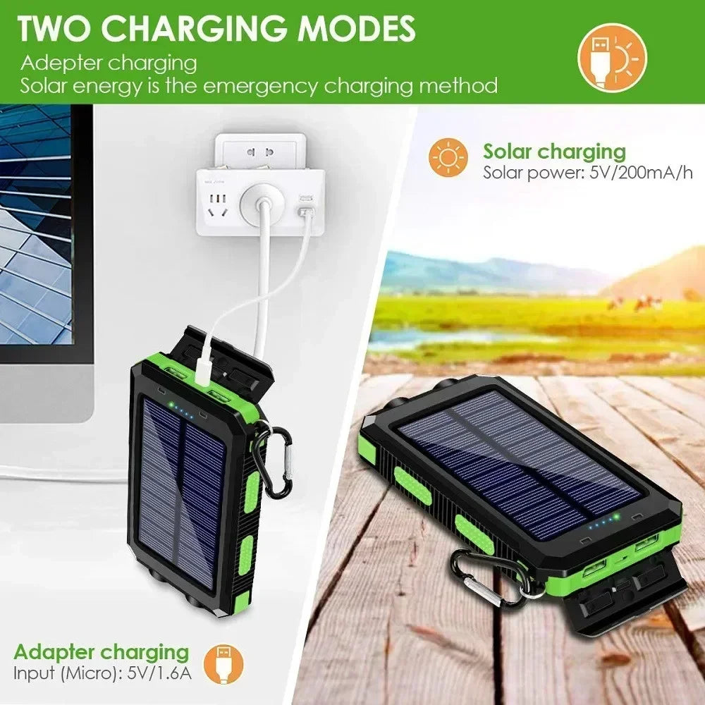Solar Power Bank – Waterproof, Fast Charging, High-Capacity Powerbank with SOS & LED Light for Outdoor Survival