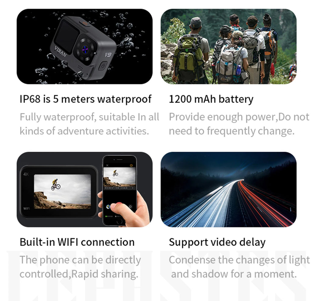 CERASTES V9 4K Ultra HD WiFi Action Camera – Dual Screen, Waterproof, Remote Control, EIS Stabilization