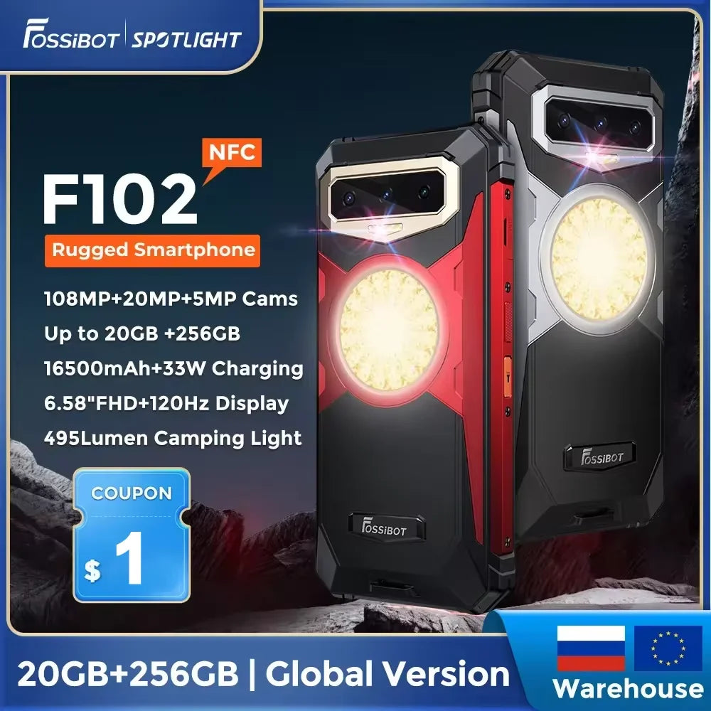 FOSSiBOT F102 Rugged Smartphone – 16500mAh Battery, 20GB+256GB, Android 13, 120Hz 6.58" FHD+ Display, Helio G99, 108MP Camera, NFC