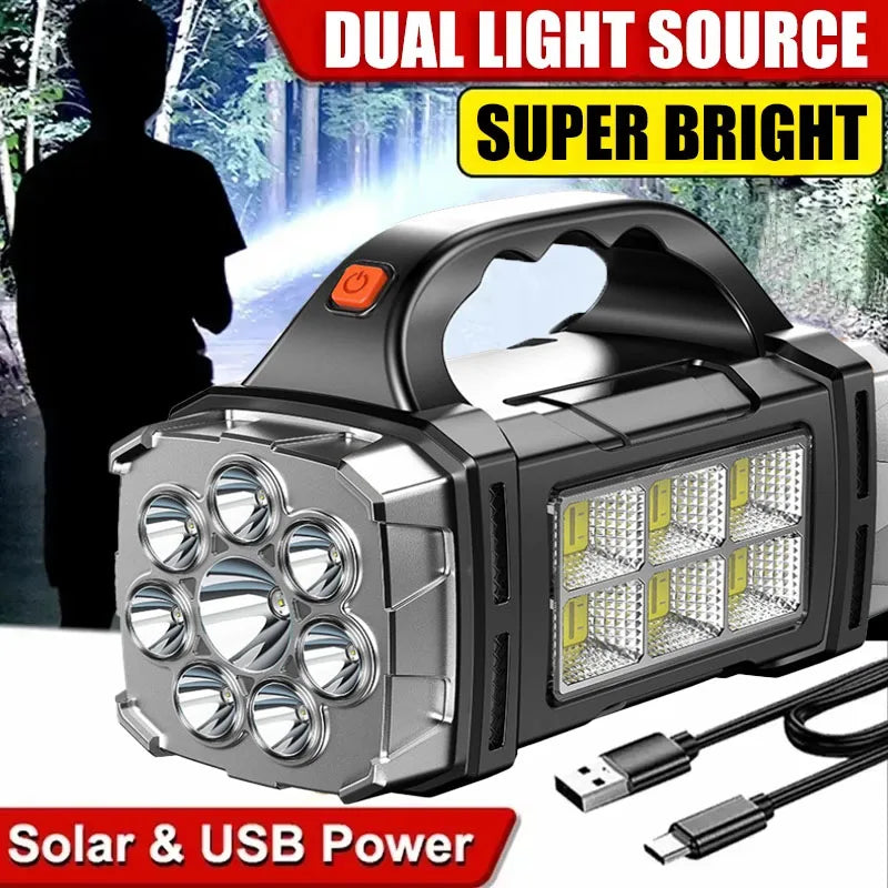 Powerful LED Flashlight – USB + Solar Rechargeable Camping Torch & Power Bank