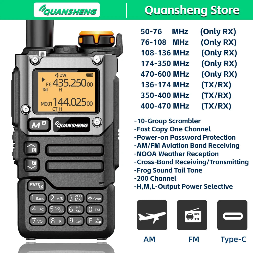 Quansheng UV-K5(8) Long-Range Dual Band Walkie Talkie – 200 Channel Portable Two-Way Radio with AM/FM, Emergency Weather, Cross-Band Intercom & Type-C Charging