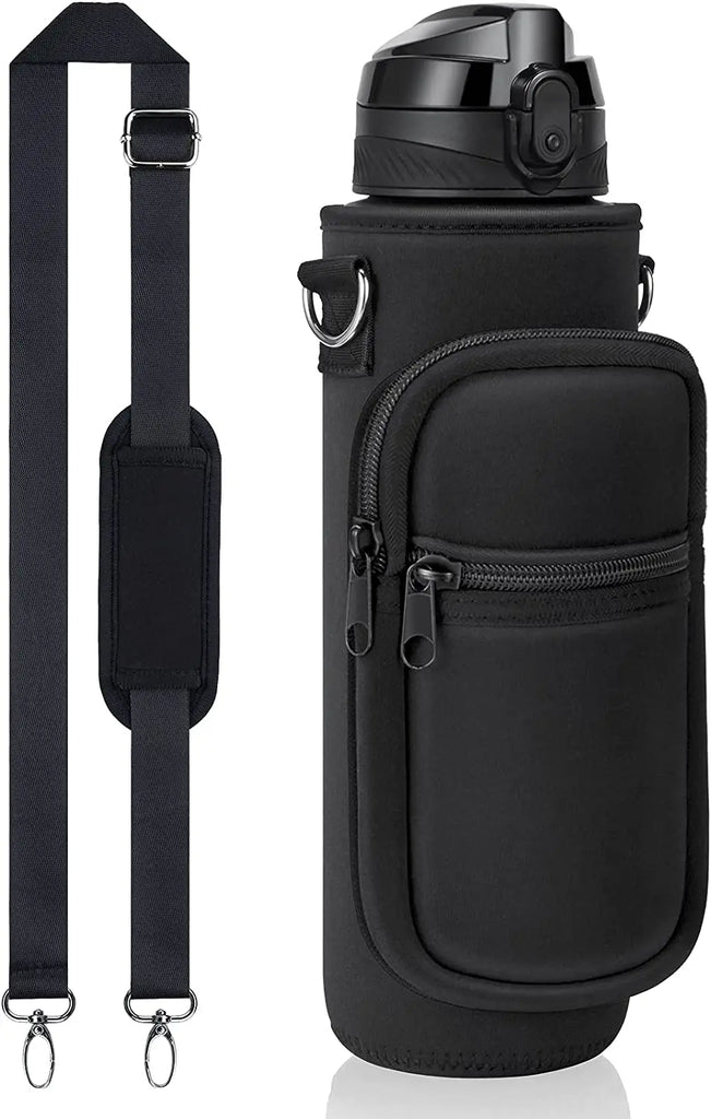 32 oz Motivational Water Bottle with Sleeve – Leakproof BPA-Free Bottle with Straw, Time Marker & Adjustable Strap Carrier (1L)