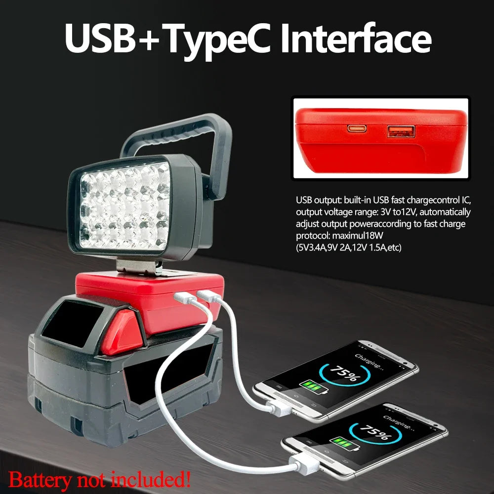 18-LED Portable Work Light – Compatible with Makita, Milwaukee & DeWalt 18V/20V Batteries – 1500LM Spotlight Torch with USB Output