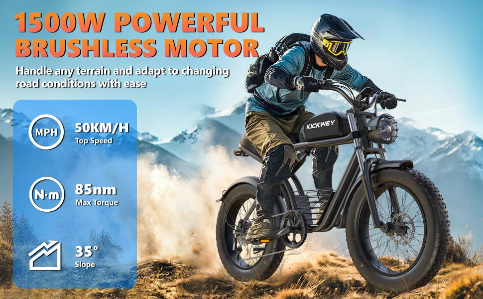 Kickwey K7 1500W Fat Tire Electric Bike – 48V 23Ah Lithium, 46km/h Mountain E-Bike for Adults