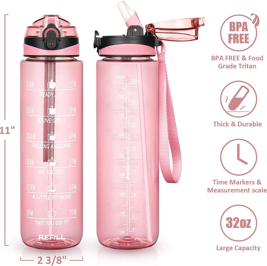 32 oz Motivational Water Bottle with Sleeve – Leakproof BPA-Free Bottle with Straw, Time Marker & Adjustable Strap Carrier (1L)