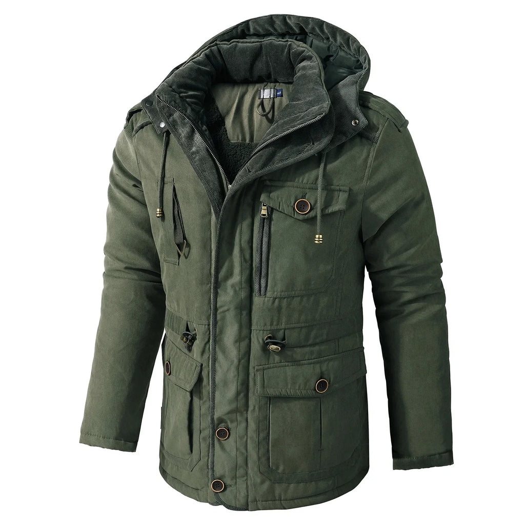 Men’s Hooded Winter Jacket – Thick Lamb Fleece Lining, Multi-Pocket,
