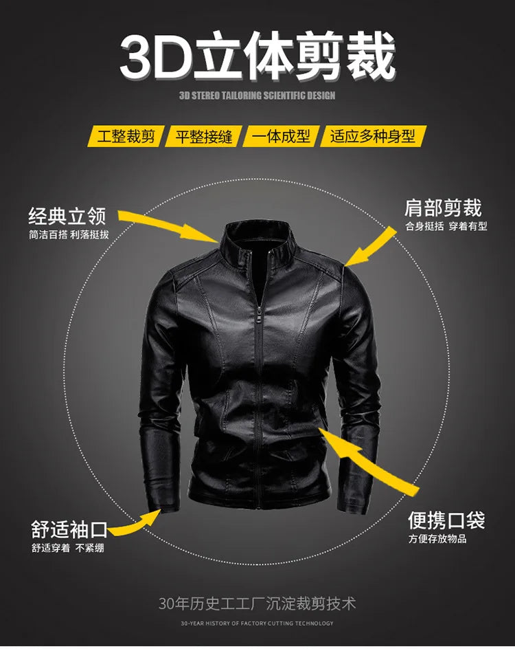 Men's PU Leather Stand Collar Motorcycle Jacket – Casual Windbreaker Biker Coat