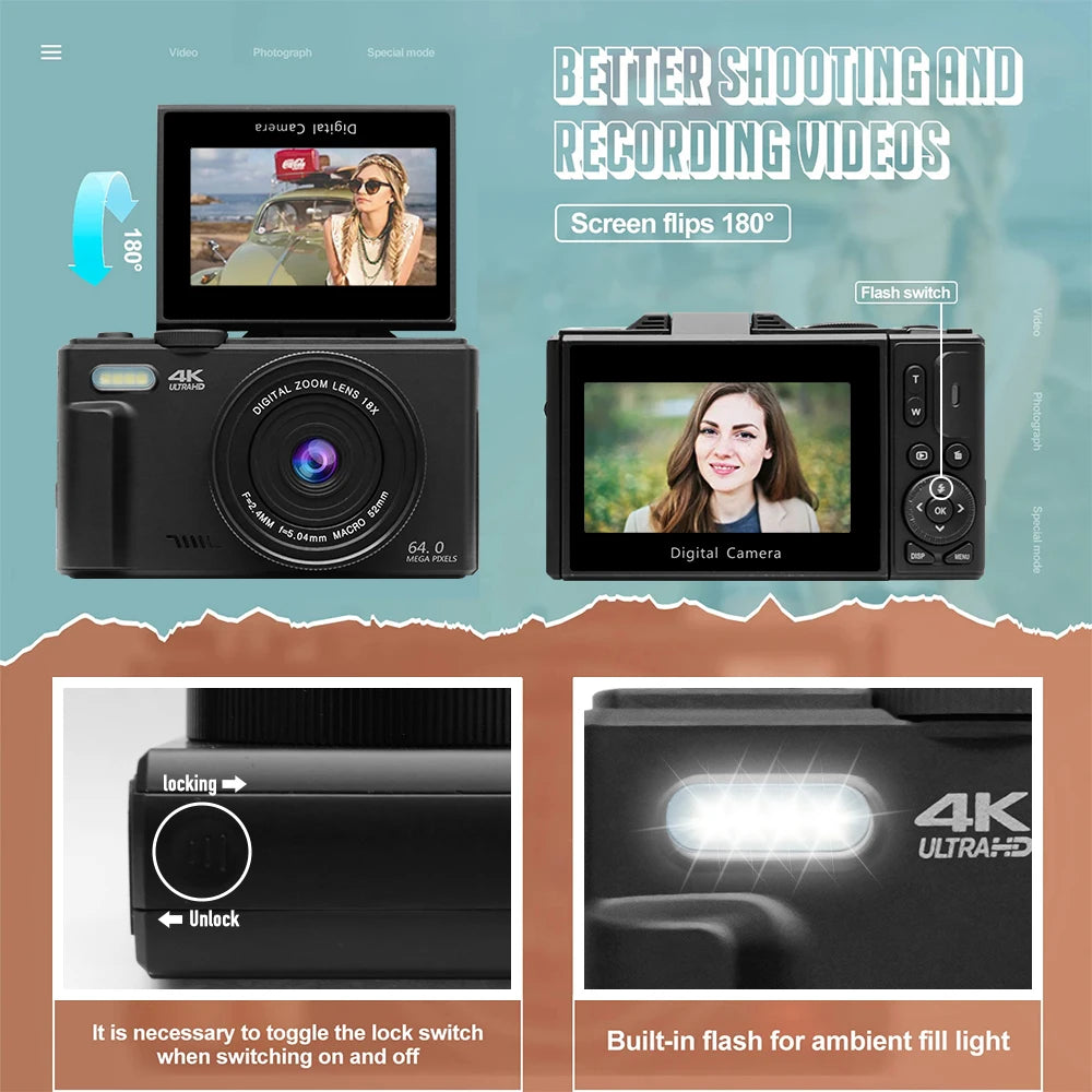 AUSEK 4K Vlogging & Photography Camera – 64MP Compact Digital Camera with 18X Digital Zoom, 3" Flip Screen, Wi-Fi, and Flash