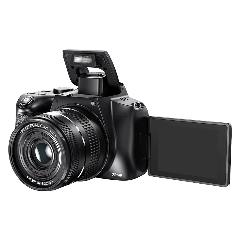 4K HD Digital Camera with Auto Focus & 12X Optical Zoom – 72MP Vlogging Camera for YouTube & Photography