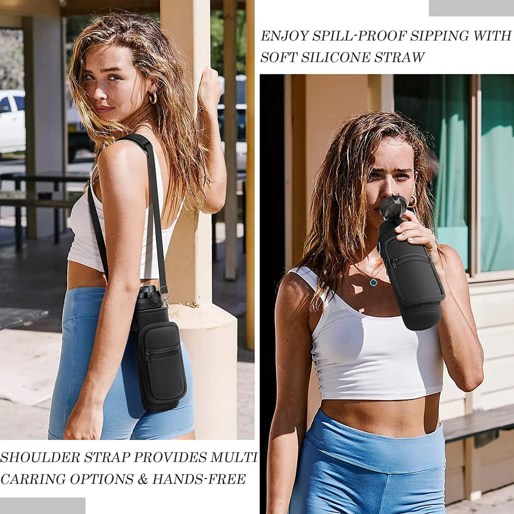 32 oz Motivational Water Bottle with Sleeve – Leakproof BPA-Free Bottle with Straw, Time Marker & Adjustable Strap Carrier (1L)