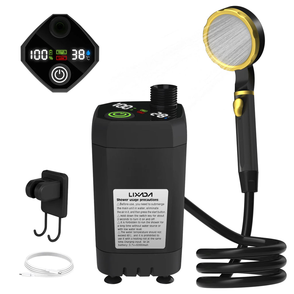 LIXADA Digital Camping Shower Kit – 6000mAh Portable Outdoor Shower with Intelligent Display for RV & Camping