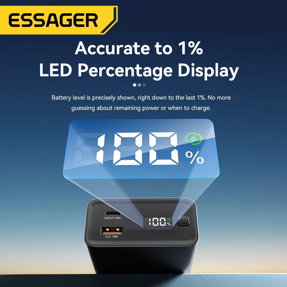 Essager 20000mAh 65W PD Power Bank – Fast Charging Portable Battery with Built-in Cables & LED Lamp