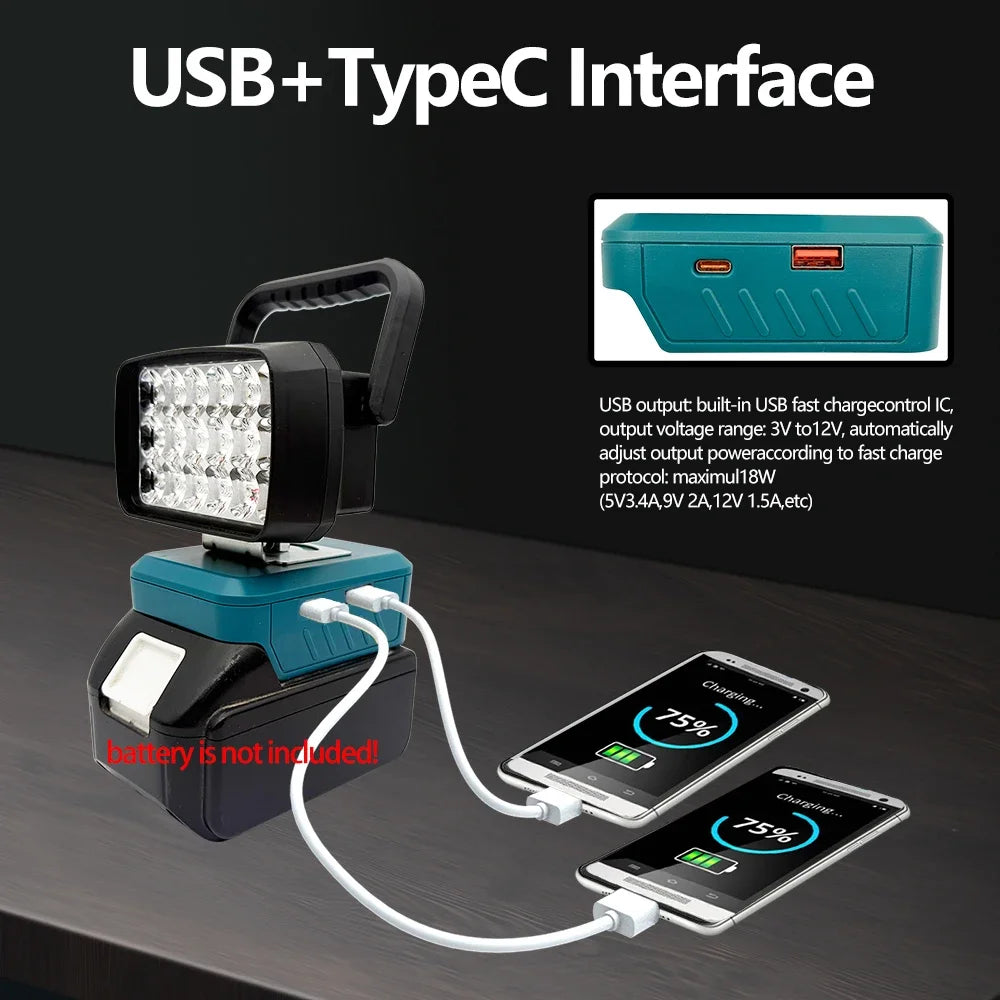 18-LED Portable Work Light – Compatible with Makita, Milwaukee & DeWalt 18V/20V Batteries – 1500LM Spotlight Torch with USB Output