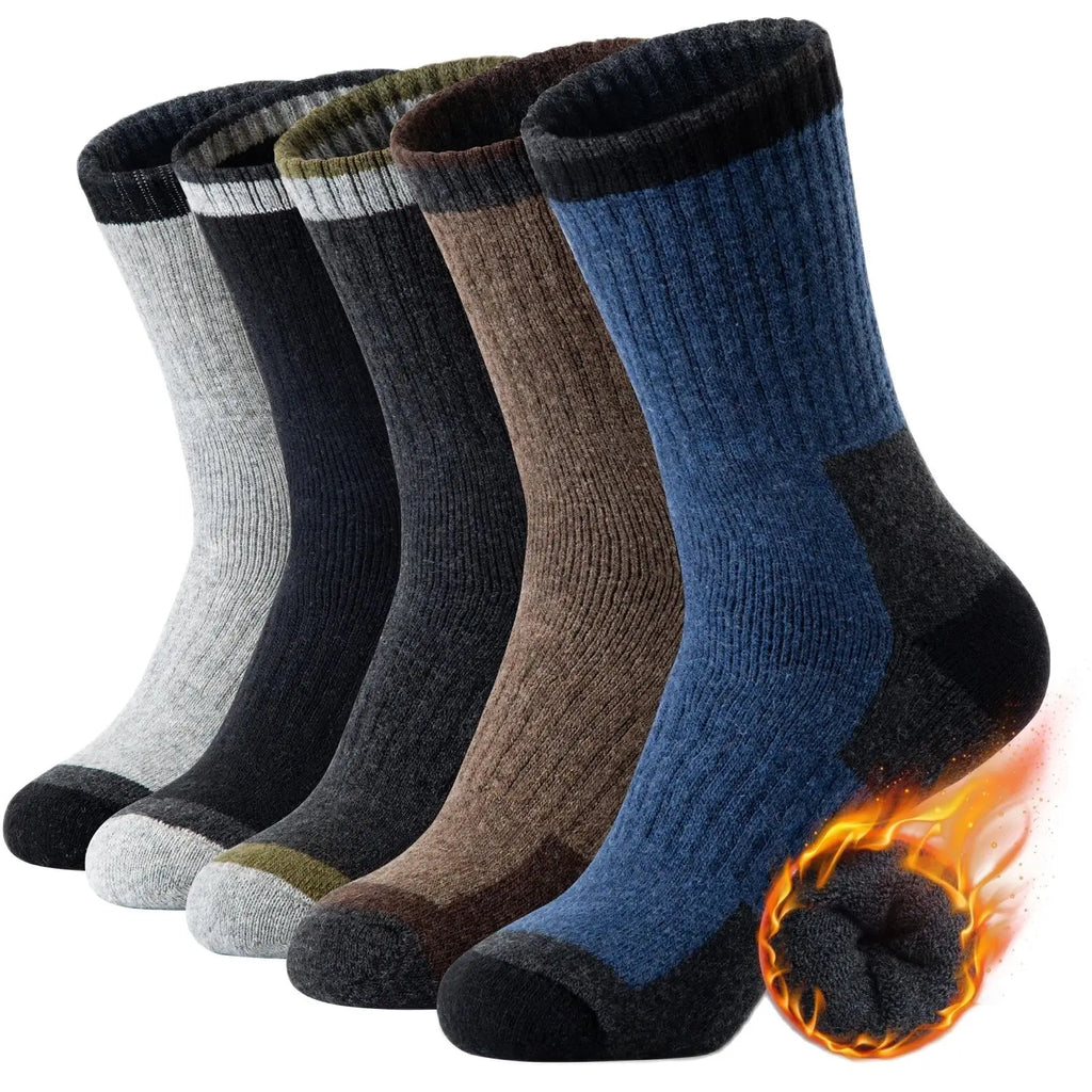 5 Pairs Men’s Merino Wool Hiking Socks – Warm, Moisture-Wicking Winter Crew Socks for Outdoor & Casual Wear (US Size 7–13)