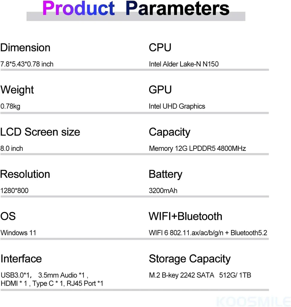 Portable Mini Laptop N150 – 8" Windows 11 Pro Touchscreen Notebook (12GB + up to 1TB SSD)