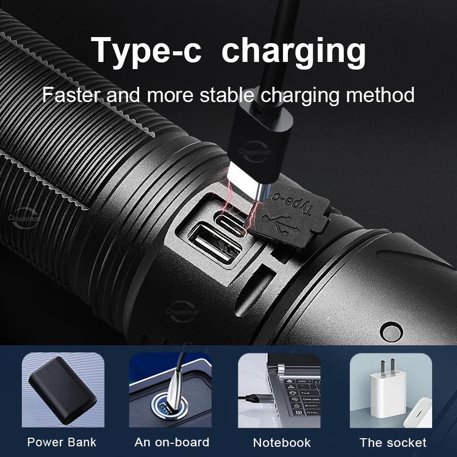 Ultra Bright 15000mAh LED Tactical Flashlight – USB Rechargeable, Zoomable, Long Range (Up to 6000M)