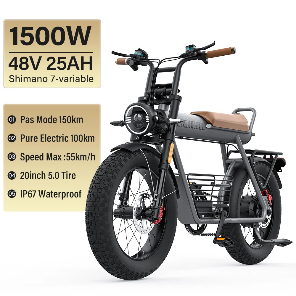 Coswheel CT20S 2000W Electric Dirt Bike β 60V 27.5Ah Fat Tire Ebike for Adults (20" Off-Road Tires, 161km Range)