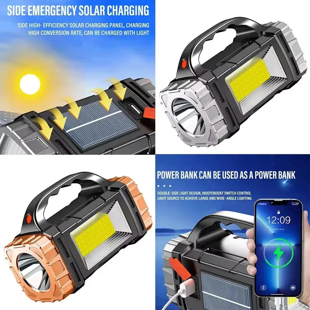 Powerful LED Flashlight – USB + Solar Rechargeable Camping Torch & Power Bank