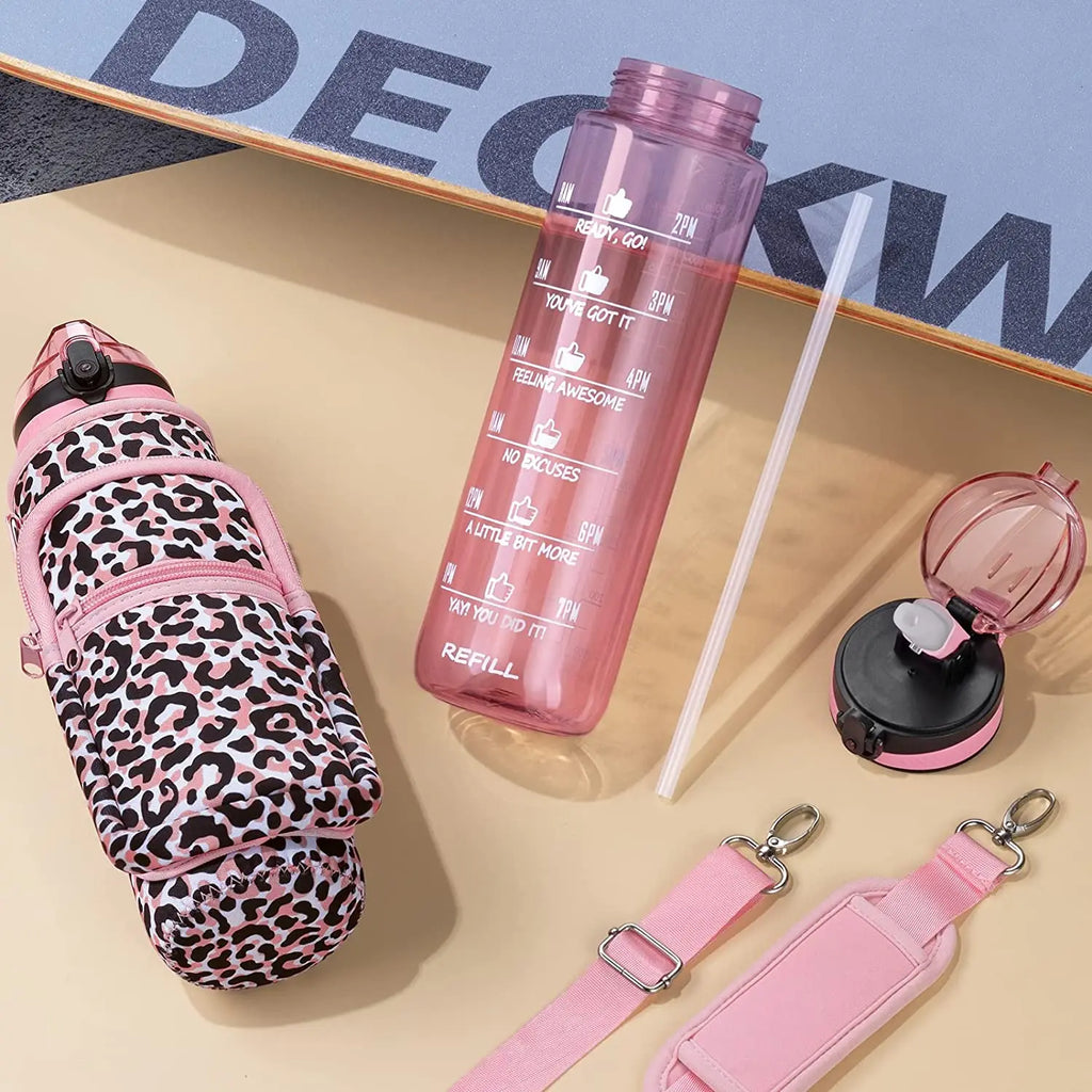 32 oz Motivational Water Bottle with Sleeve – Leakproof BPA-Free Bottle with Straw, Time Marker & Adjustable Strap Carrier (1L)