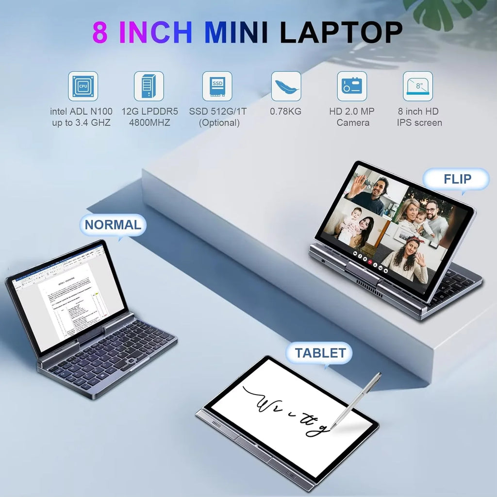 Portable Mini Laptop N150 – 8" Windows 11 Pro Touchscreen Notebook (12GB + up to 1TB SSD)