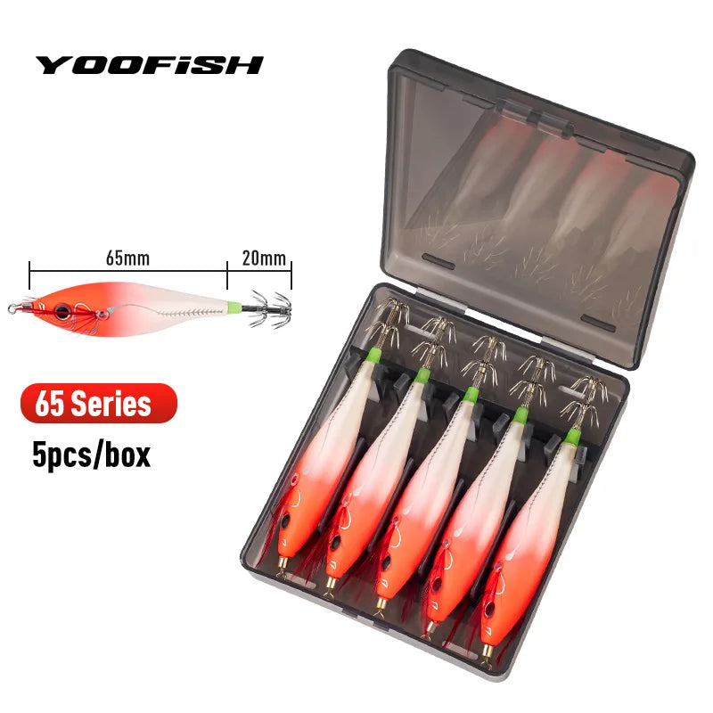 YOOFISH Luminous Horizontal Squid Jig (5pcs Set) β Premium Wood Shrimp Squid Hooks for Saltwater Fishing