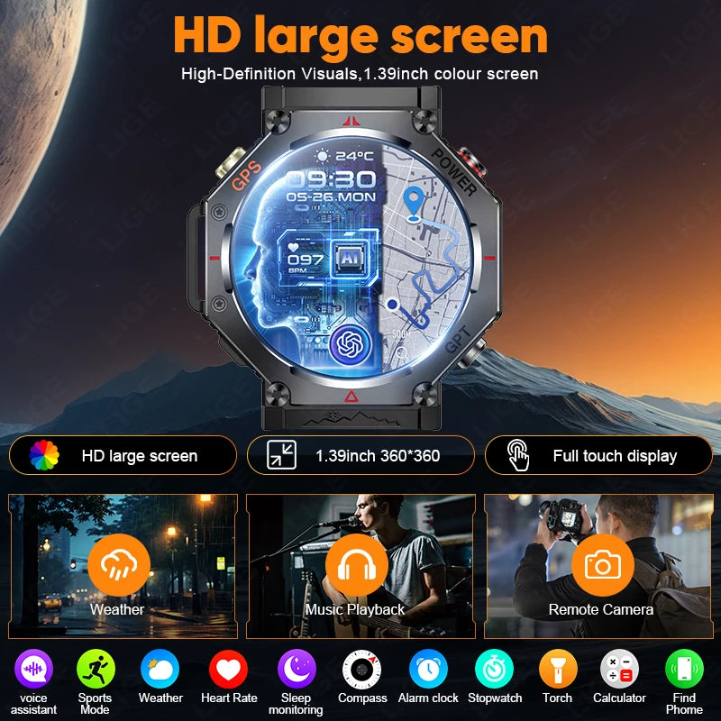 LIGE 2025 GPS Smartwatch for Men β Outdoor Sport Watch with AI Assistant, Compass, Altimeter, Barometer, and 3ATM Waterproof Protection