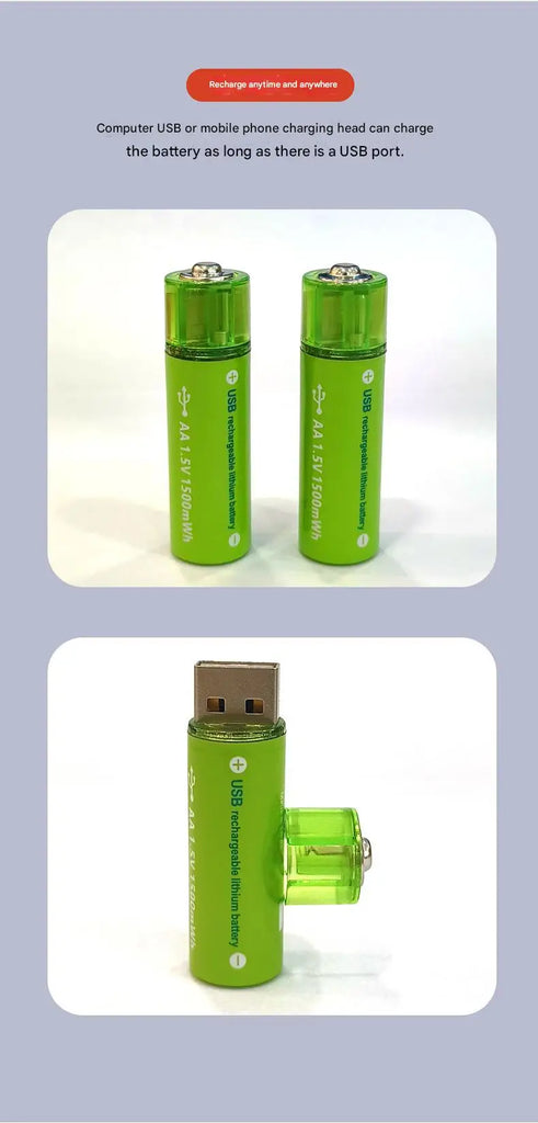 USB Rechargeable AA Lithium Batteries (4-Pack) – 1.5V 1500mWh Fast-Charge, Long-Lasting with Storage Case