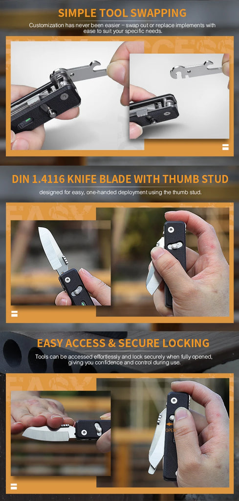 ROXON S504G Mini Folding Multi-Tool Knife with Scissors β Interchangeable, Locking Blade for Outdoor & Camping