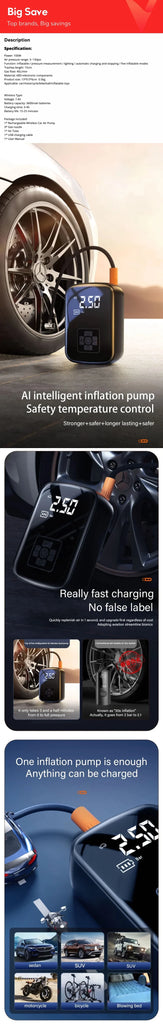 LEIBOO Dual-Mode Electric Air Pump β Wired/Wireless Car Tire Inflator for Auto, Bike, Motorcycle, Boat & Sports Balls