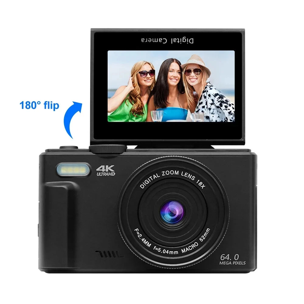 AUSEK 4K Vlogging & Photography Camera – 64MP Compact Digital Camera with 18X Digital Zoom, 3" Flip Screen, Wi-Fi, and Flash