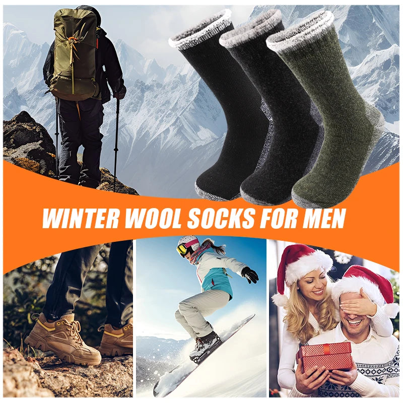 3 Pairs Merino Wool Thermal Socks for Men – Super Thick Winter Crew Socks with Fleece Terry Lining
