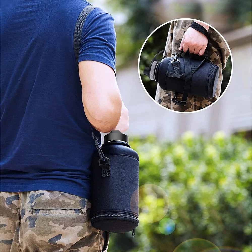 64oz / 128oz Insulated Water Bottle Carrier Bag with Strap – Protective Neoprene Sleeve for Thermos, Mug & Tumbler – Crossbody Holder for Hiking, Camping & Outdoor Use (Black)