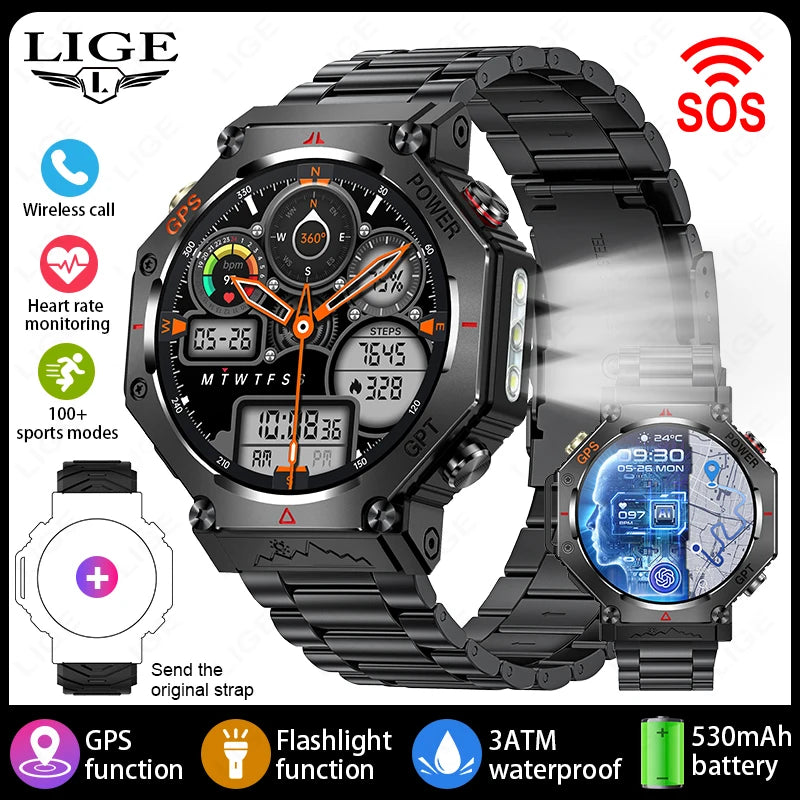 LIGE 2025 GPS Smartwatch for Men β Outdoor Sport Watch with AI Assistant, Compass, Altimeter, Barometer, and 3ATM Waterproof Protection