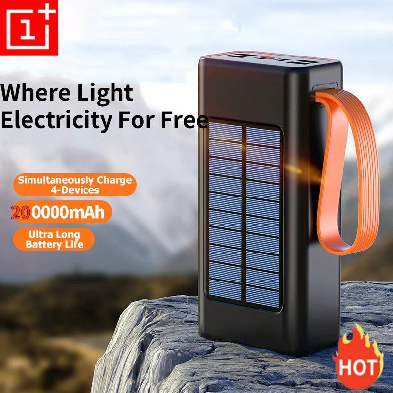 ONEPLUS 200,000mAh Solar Power Bank โ Built-in Cables, LED Light, Fast Charging, High-Capacity External Battery