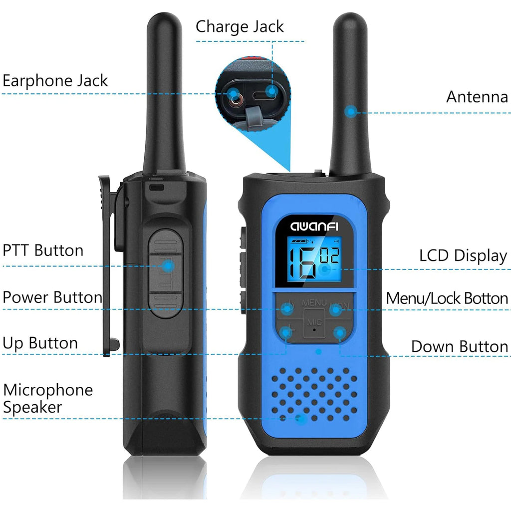 AWANFI Rechargeable Walkie Talkies (2/3/4-Pack) β Long Range 2-Way Radios with 16 Channels, VOX, USB-C Charging β Ideal for Kids & Adults, Outdoor Camping & Hiking