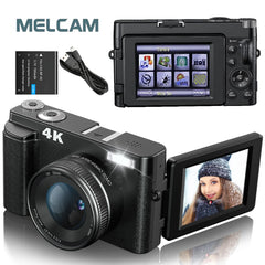 Melcam 4K Digital Camera with Flip Screen – 48MP Autofocus Vlogging Camera for Photography & Video, Anti-Shake, Flash, 16X Zoom