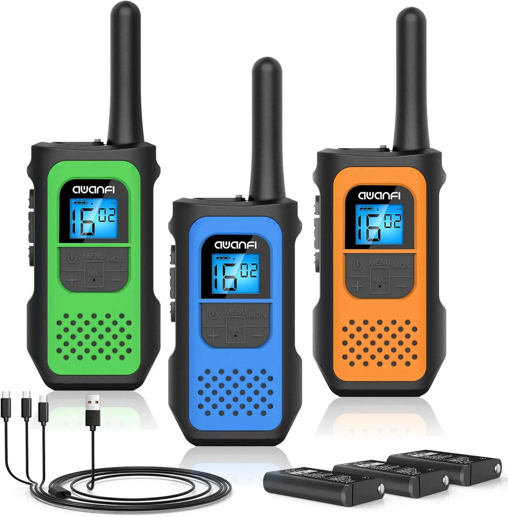 AWANFI Rechargeable Walkie Talkies (2/3/4-Pack) β Long Range 2-Way Radios with 16 Channels, VOX, USB-C Charging β Ideal for Kids & Adults, Outdoor Camping & Hiking