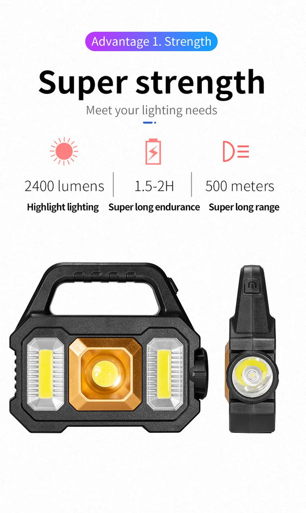 Solar Rechargeable Flashlight – Zoomable Waterproof COB LED Torch & Portable Lantern