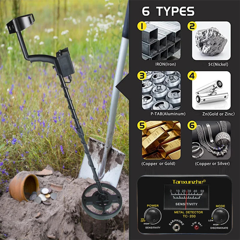 TC-200 Advanced Metal Detector – Adjustable Underground Gold & Metal Tracker with Waterproof Search Coil